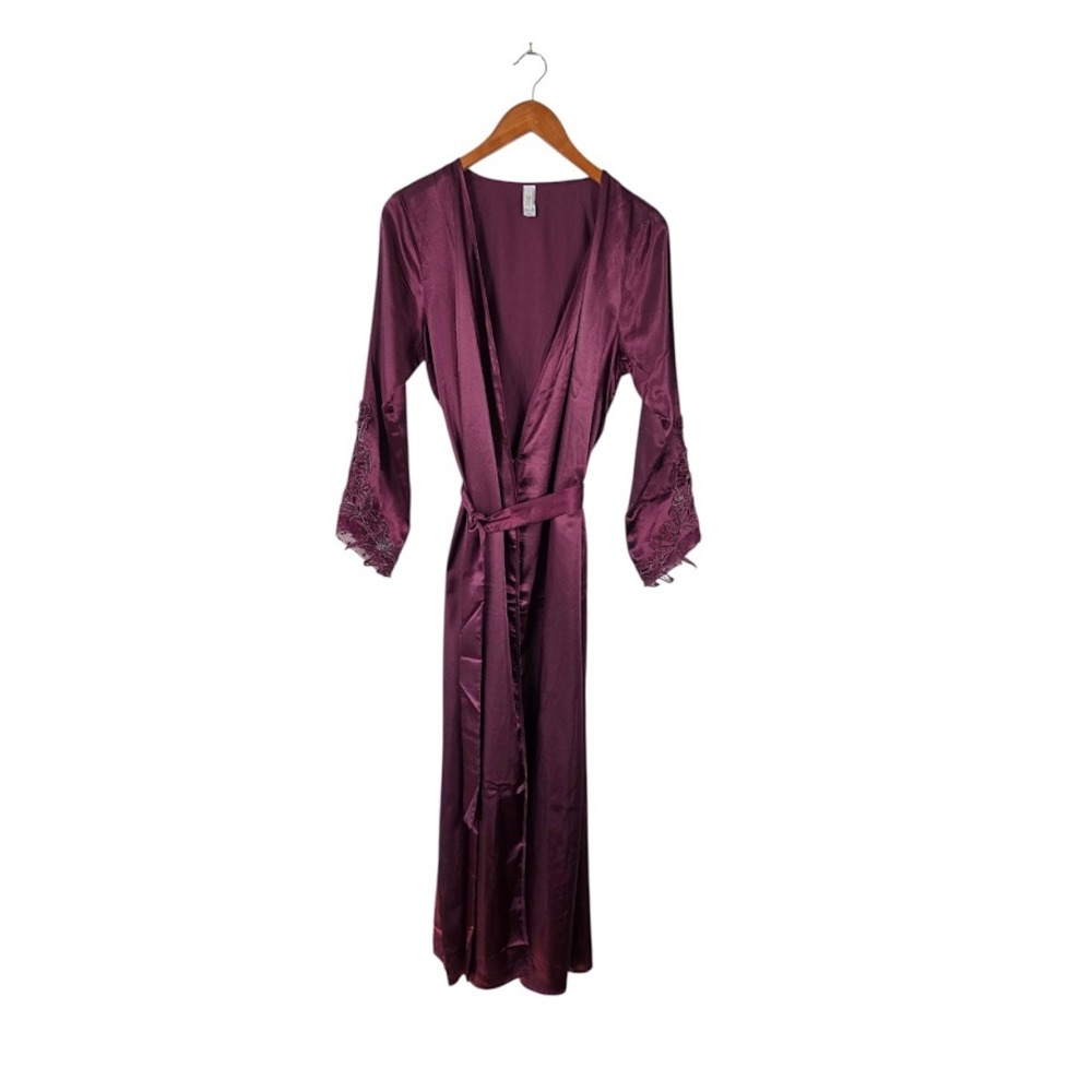 Flora by Flora Nikrooz Robe Womens S/M Plum Satin Lace Trim Long Loungewear